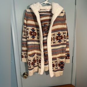 No Boundaries hooded long cardigan, southwest design, furry hood, L, EUC